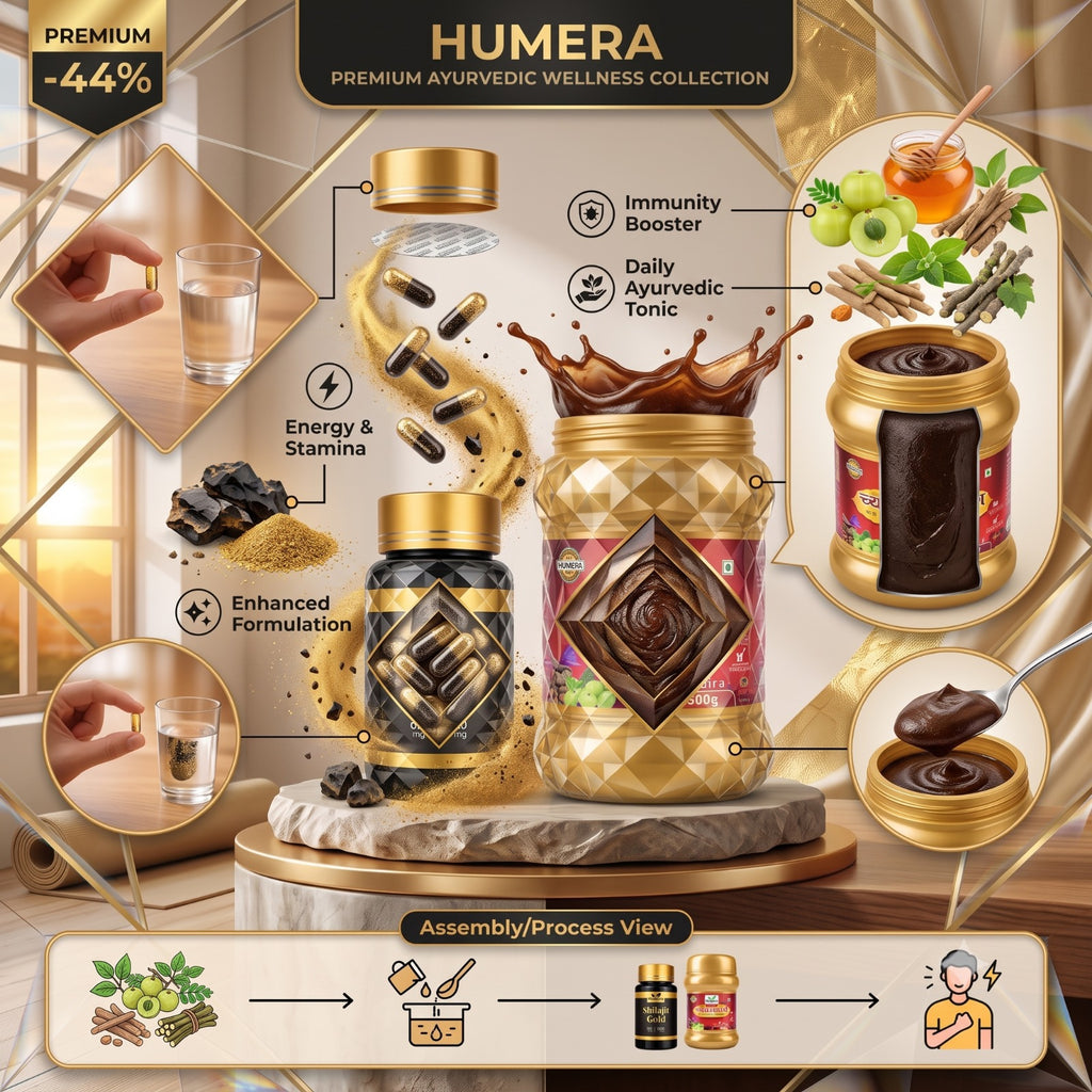 Humera Wellness Collection: Shilajit Gold & Chyawanprash for Peak Daily Health.